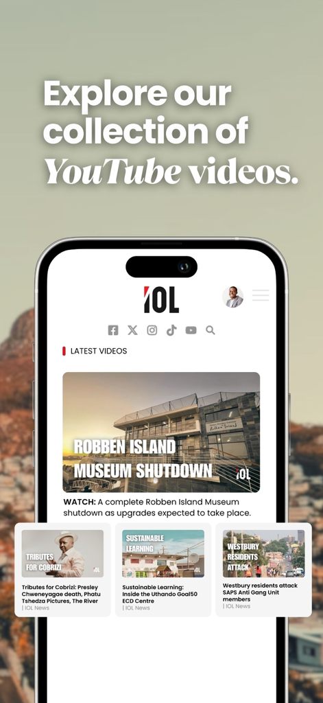 Interface do aplicativo IOL News exibindo uma coleção dos vídeos de notícias mais recentes da África do Sul