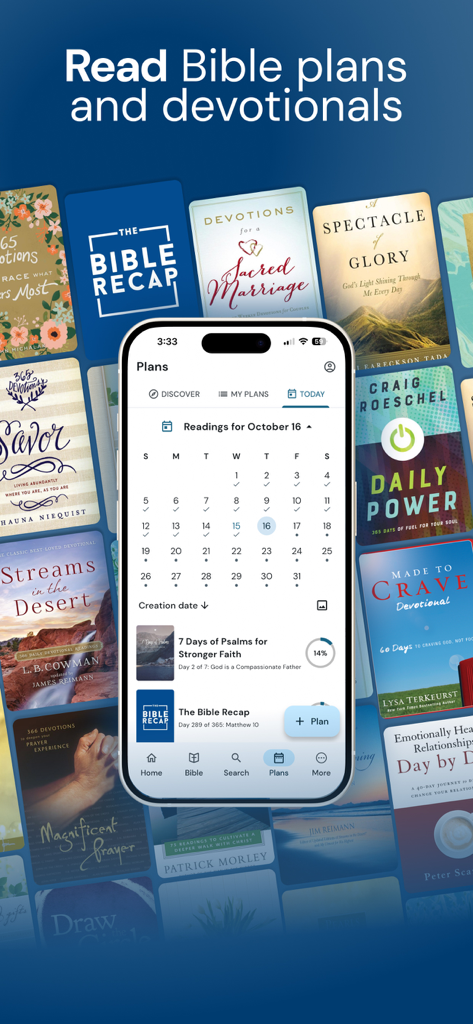 NIV Bible app interface showcasing daily reading plans and a variety of popular Christian devotionals.
