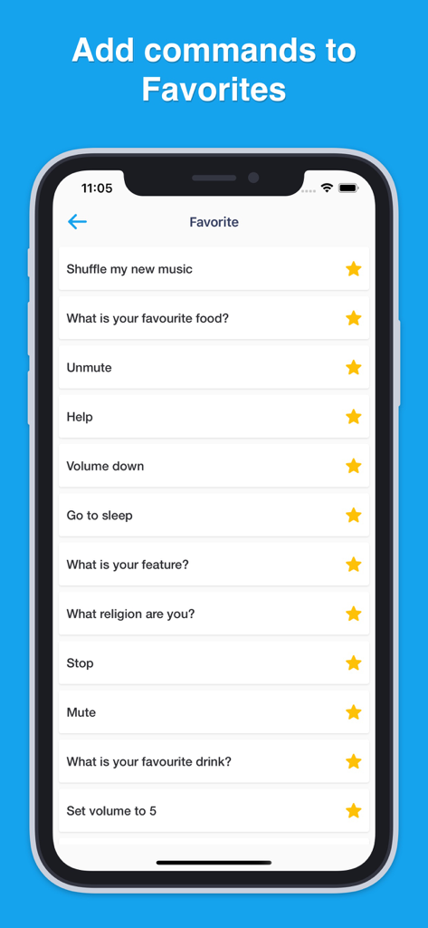 Schermata dello smartphone che mostra un elenco di comandi vocali preferiti per Alexa