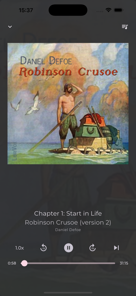 Sonata Story: Audiobooks - Audiobook playback interface in Sonata Story showing cover art for Robinson Crusoe and media controls.