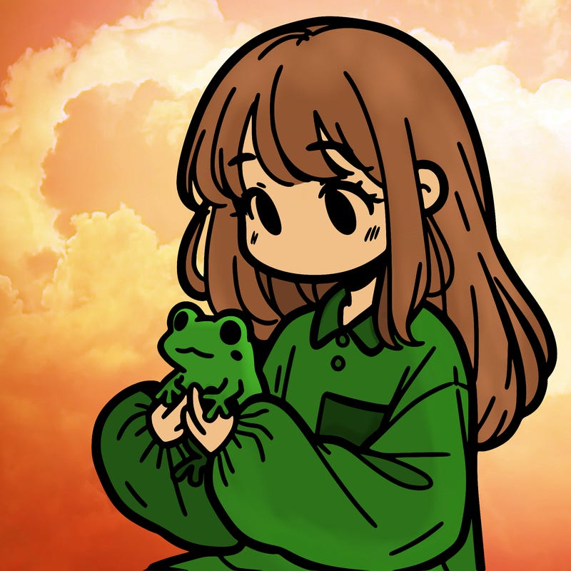 girl with long hair and a oversized shirt. and she is holding a frog