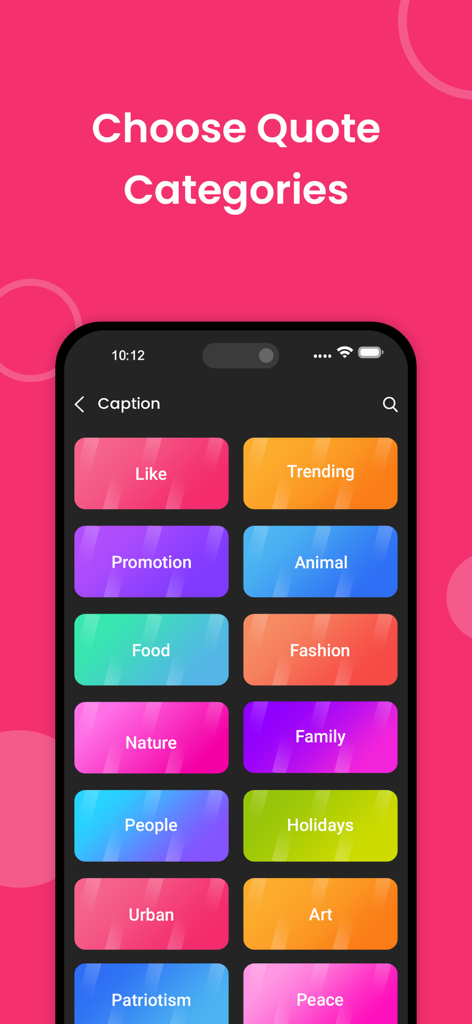 TopFollow - Tags - A mobile app screen showing a grid of colorful category buttons for social media captions and quotes including Trending, Food, and Fashion.