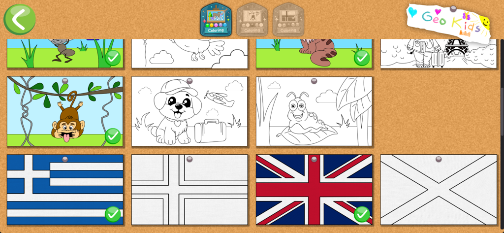 Geo Kids (Qbis Studio) - Geo Kids app coloring book selection screen featuring animal and world flag illustrations