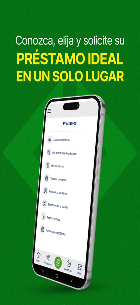 Instacredit - Interface do aplicativo móvel Instacredit mostrando uma lista de serviços de empréstimo e opções de gerenciamento em espanhol