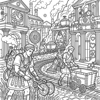 Dive into a breathtaking blend of ancient history and futuristic fantasy with our Steampunk Roman Slaves coloring page. Explore a detailed world where Roman architecture meets intricate gears, steam-powered machines, and industrious activity.