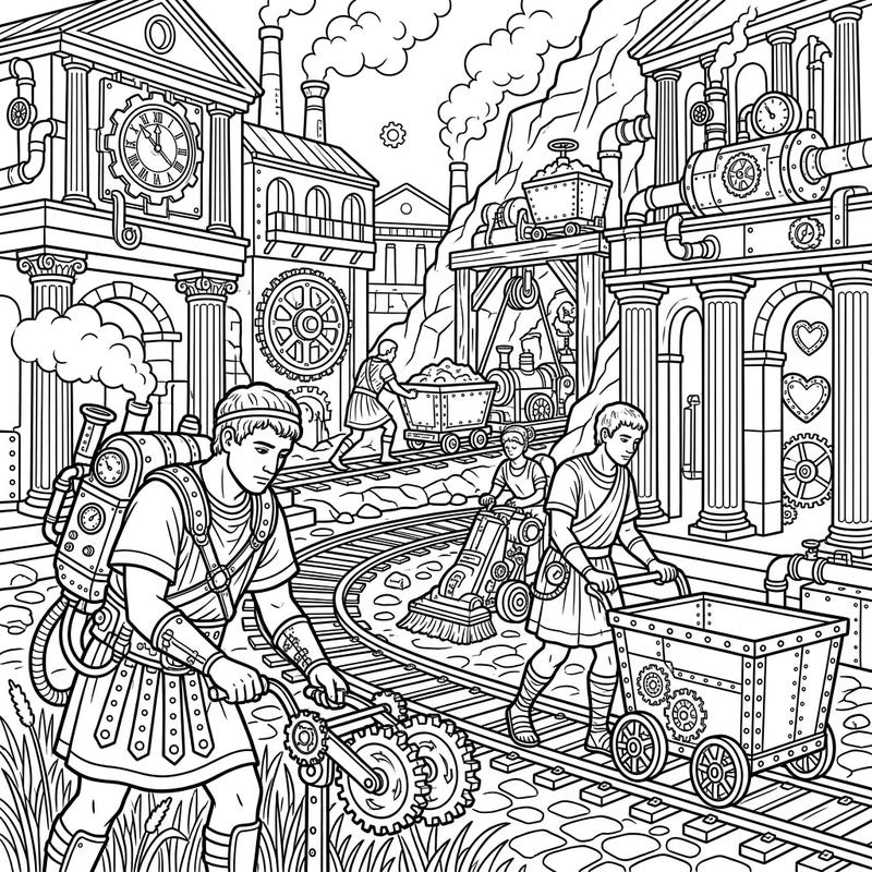 Dive into a breathtaking blend of ancient history and futuristic fantasy with our Steampunk Roman Slaves coloring page. Explore a detailed world where Roman architecture meets intricate gears, steam-powered machines, and industrious activity.