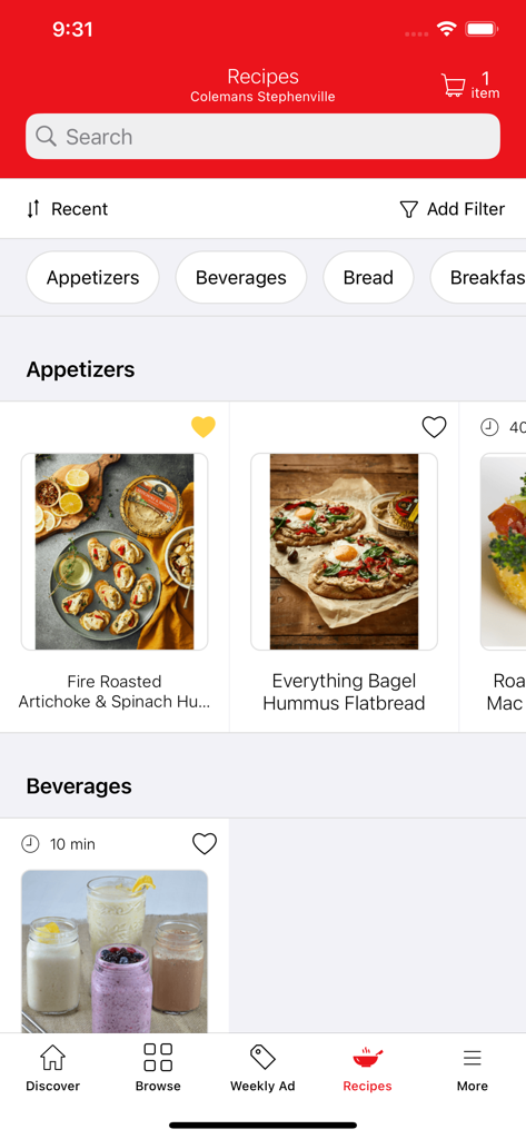Colemans - Colemans mobile app recipes screen showing categories like appetizers and beverages with food photography.