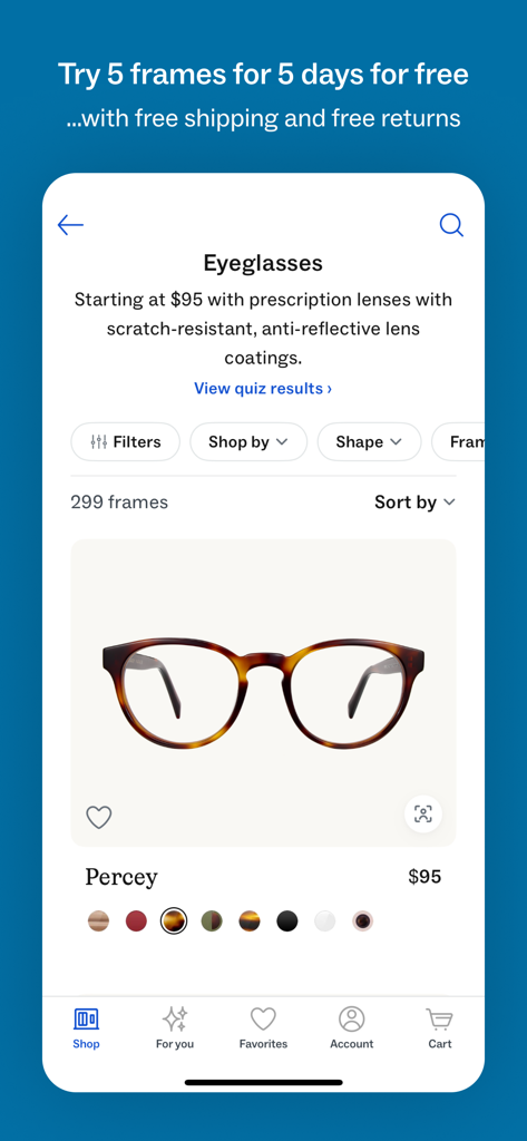Warby Parker App-Oberfläche mit zum Verkauf stehenden Brillen, einschließlich der Percey-Fassungen und Details zum Home Try-On-Programm