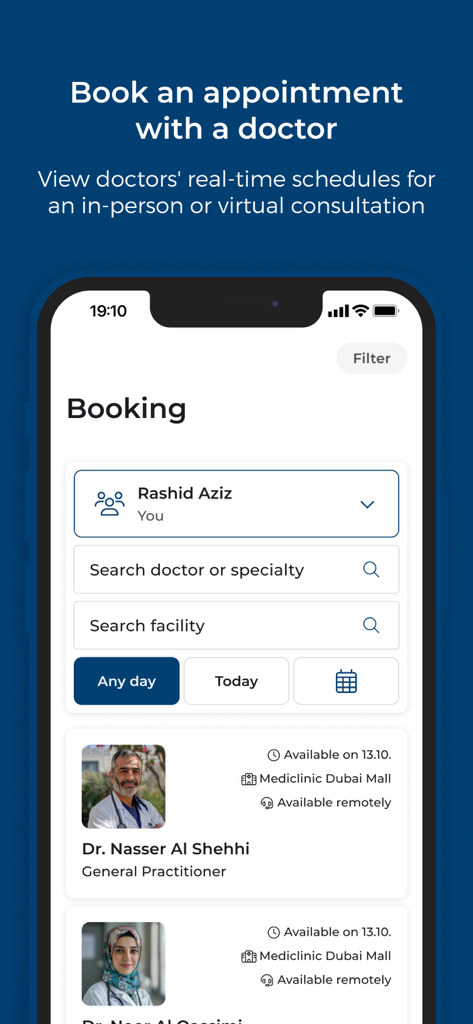 Mediclinic - ميديكلينيك - Mediclinic app interface for booking a doctor appointment showing search filters and real-time schedules for virtual or in-person consultations.