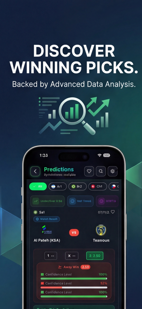 AI Football Tips – PrediKick - PrediKick app screen showing football match predictions and confidence levels based on AI data analysis.