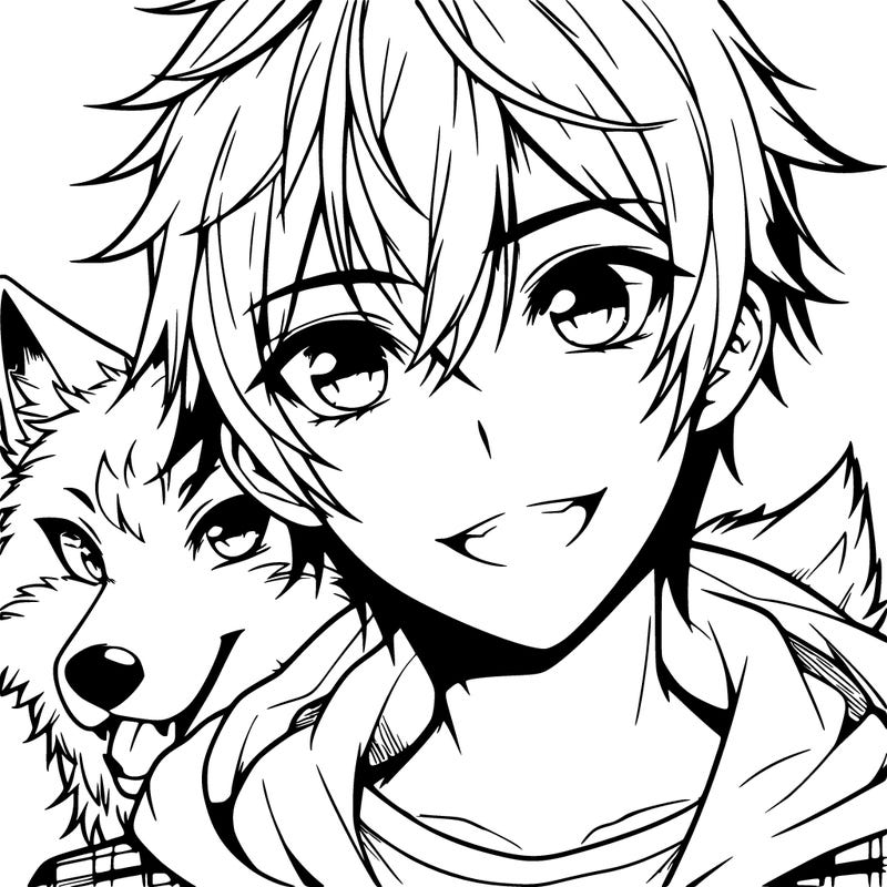 realistic anime boy wolf with sharp eye and smiling mouth