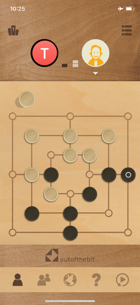Gameplay of The Mill Nine Mens Morris strategy board game on a wooden digital interface.