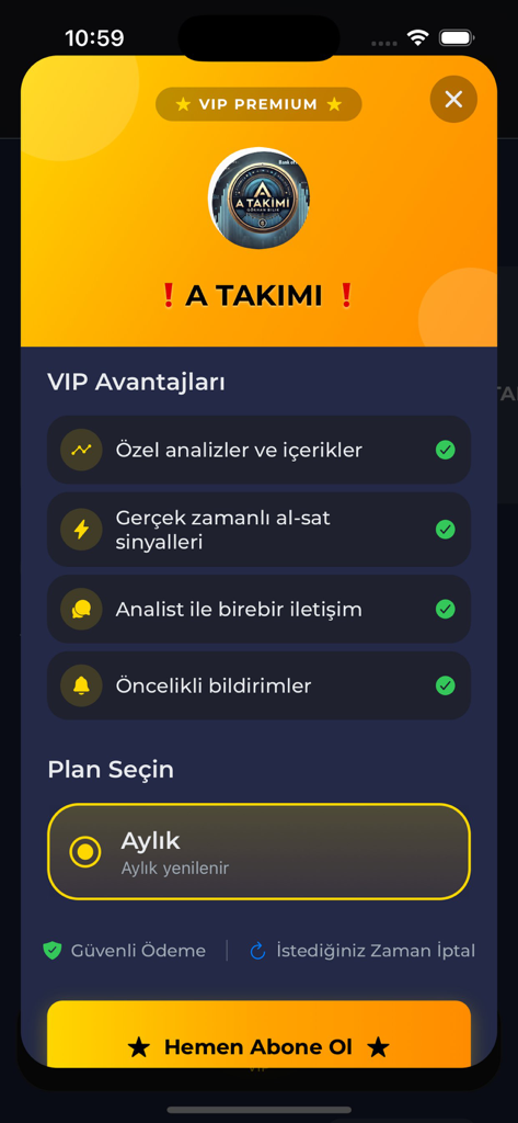 HisseChat - HisseChat mobile app screen showing VIP Premium subscription benefits including trading signals and analyst communication