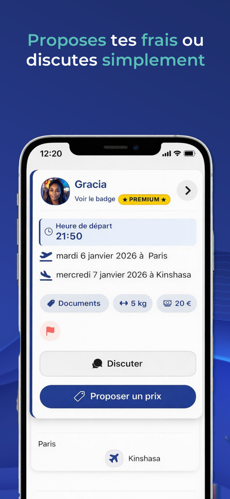 Kimia Lite - Kimia Lite app interface showing a traveler profile and flight details from Paris to Kinshasa for parcel shipping