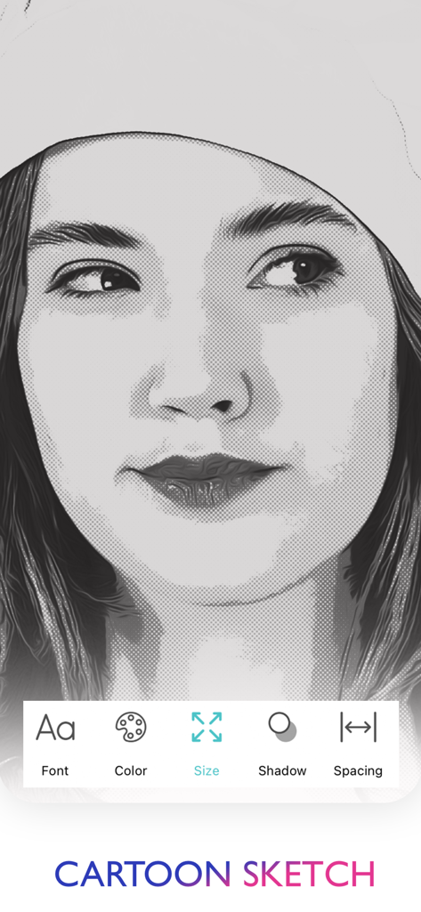 Sketch Photo Maker - Portrait of a woman with a cartoon sketch filter and text editing options in the app interface
