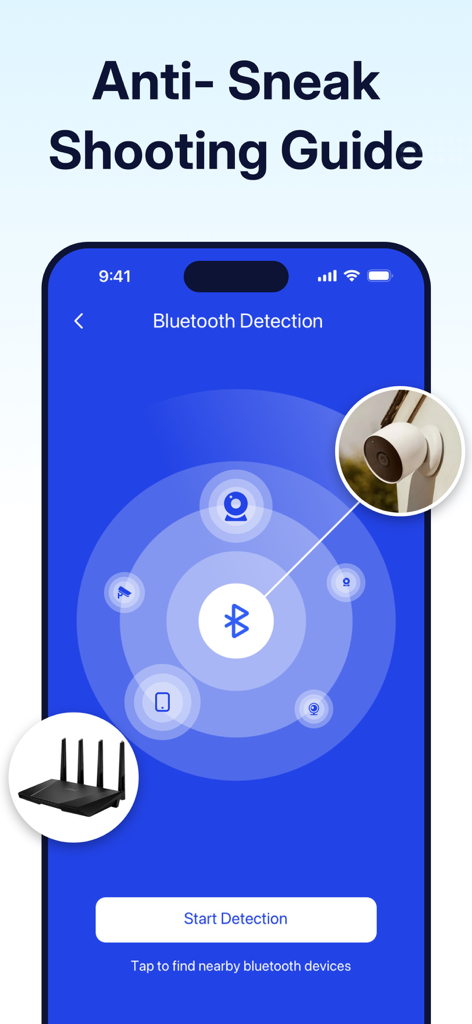 隠しカメラと不正なスマートデバイスをスキャンするBluetooth検出レーダーを表示するモバイルアプリインターフェース