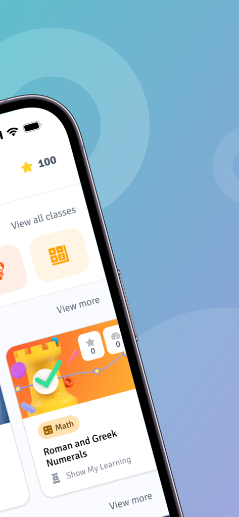 Alef Student - O painel do aplicativo Alef Student exibindo um cartão de aula de matemática para Números Romanos e Gregos e pontos de recompensa do aluno