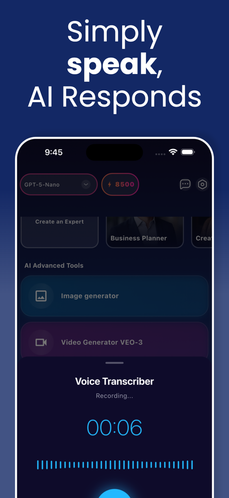 Omni AI - ChatBot Assistant - Interfaz de la app Omni AI con la pantalla de grabación del transcriptor de voz y opciones de herramientas de IA