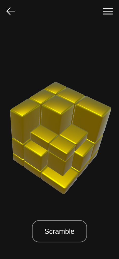 스크램블 버튼이 있는 매직큐브 컬렉션 앱의 황금색 3D 미러큐브 퍼즐