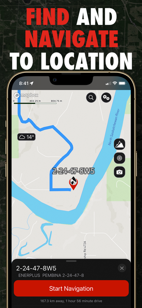 Navigation screen of the OilTrails app showing a route to an oil well site with a start navigation button