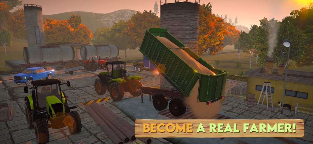 Farm Sim 2024 - Tractors and heavy machinery on a farm yard in the Farm Sim 2024 mobile game