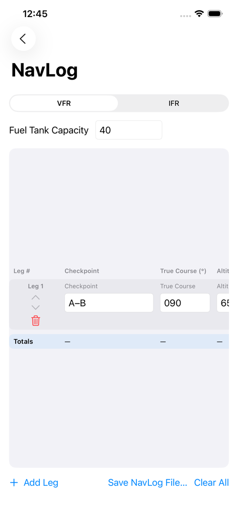 Digital NavLog interface for VFR flight planning with fuel capacity and leg entry details