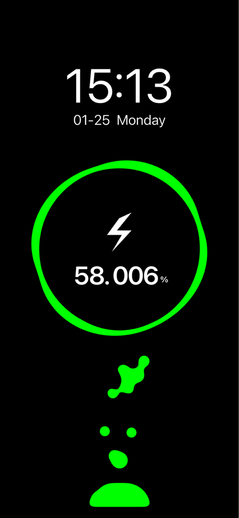 charging play - Animación de carga personalizada de líquido verde en iPhone mostrando el porcentaje de batería