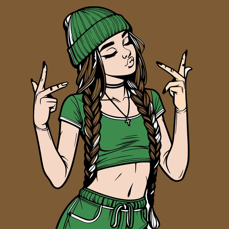 realistic teenage girl with braids and a beanie and crop top doing 🫶🏼