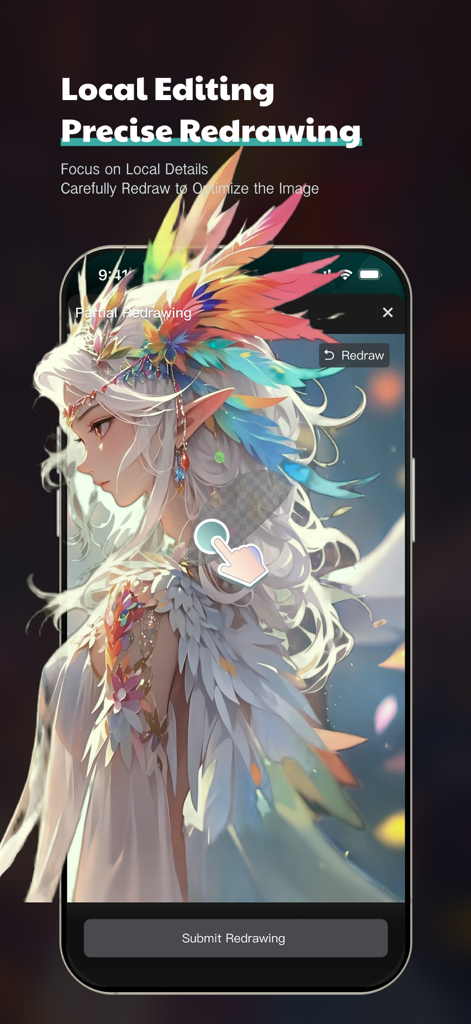 Uma captura de tela do aplicativo Banana Studio mostrando o recurso de edição local onde um usuário está redesenhando precisamente detalhes na peça de cabeça de um personagem de anime.