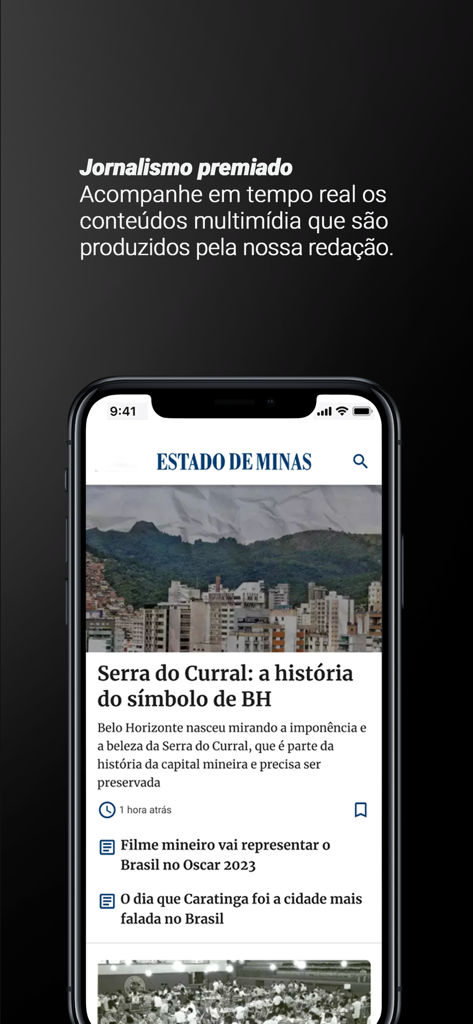 Smartphone screen displaying the news feed of the Estado de Minas app with a headline about Belo Horizonte