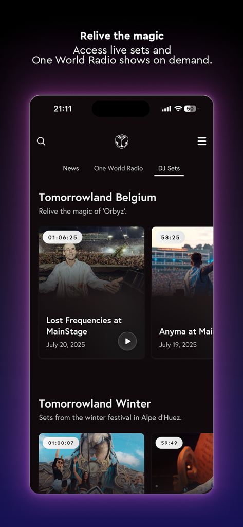 Tomorrowland - Tomorrowland app interface featuring live DJ sets from various festivals on demand