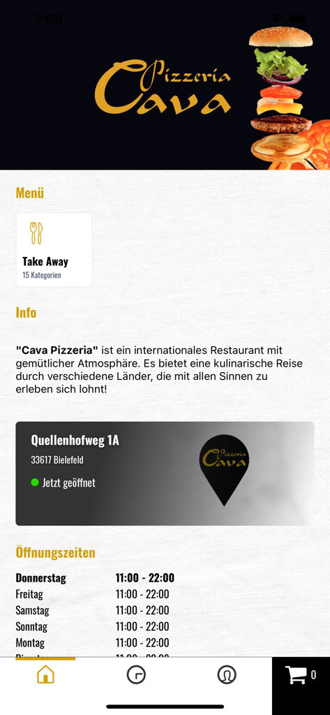 Cava - Pantalla de inicio de la aplicación móvil Pizzeria Cava mostrando información del restaurante y horarios de apertura