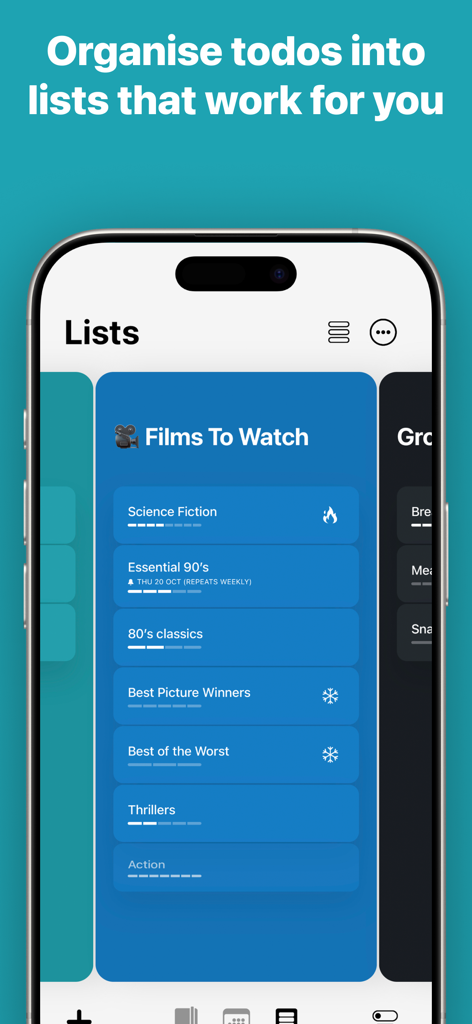 iPhone screenshot of Actions To Do List app showing a movie list organized into digital cards