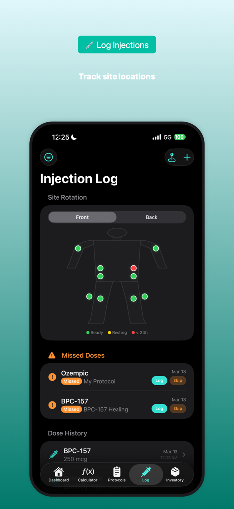 PepDose app injection log showing a body map for site rotation and missed dose notifications