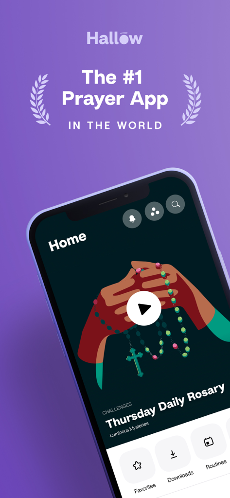 Schermata principale dell'app Hallow che mostra la sfida del Rosario quotidiano del giovedì su un telefono cellulare