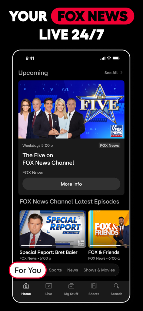 FOX One: Live News, Sports, TV - FOX Oneアプリのインターフェース。The FiveやSpecial ReportなどのFOXニュースのライブ番組が表示されています。