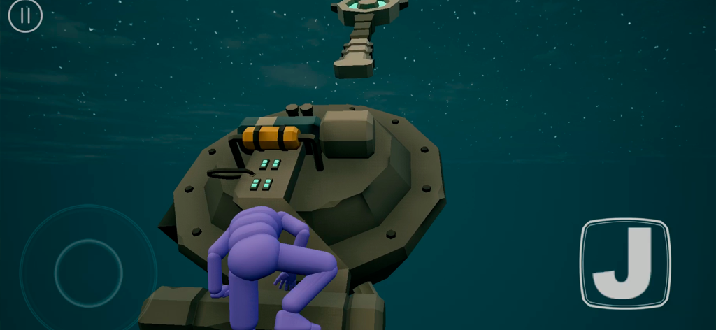 Ragdoll 3D - Parkour Adventure - Purple ragdoll character climbing a mechanical platform in a 3D parkour level at night.
