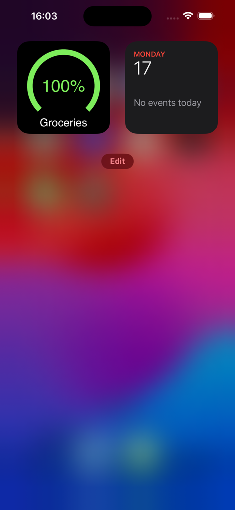 Tela inicial do iPhone mostrando o widget Checklist Pro com um status de conclusão de 100% para uma lista de compras