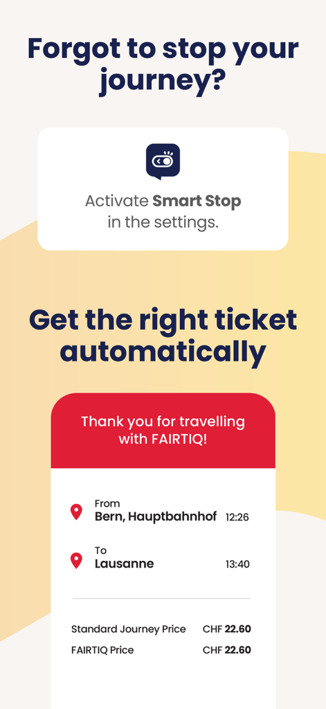 スマートストップ機能と自動計算された旅の運賃概要を表示するFAIRTIQアプリのインターフェース