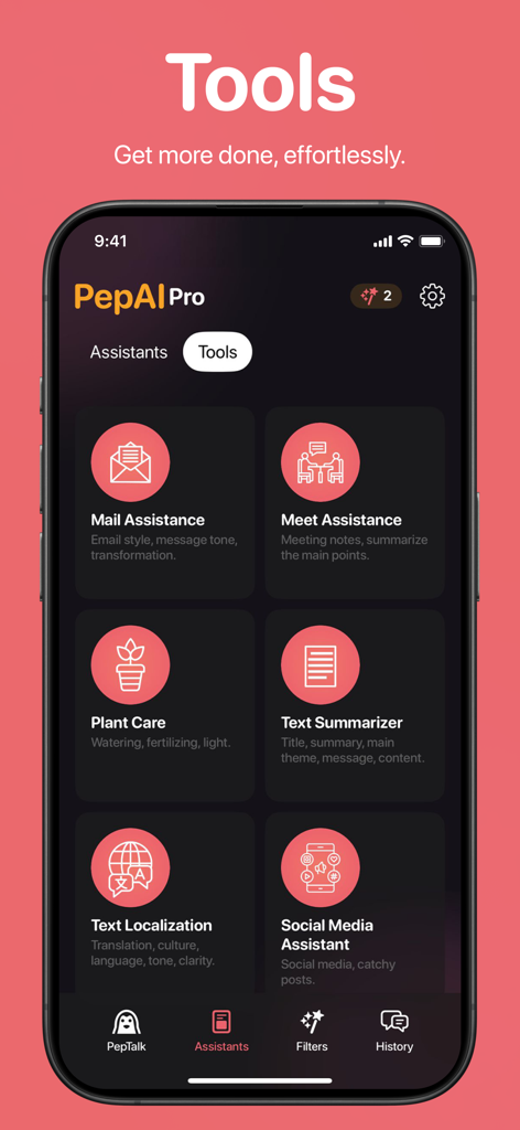 PepAI - Your Daily Companion - PepAI app tools interface showing AI assistants for email plant care and social media