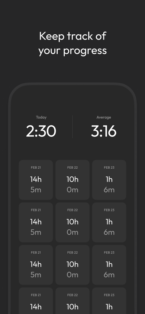 Brick app screen showing focus time statistics and progress history