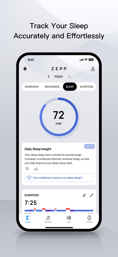 Zepp app sleep tracking interface showing a sleep score and recovery insights.