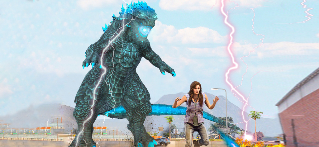 Un monstruo azul gigante y brillante con efectos de relámpagos atacando una ciudad mientras una mujer huye