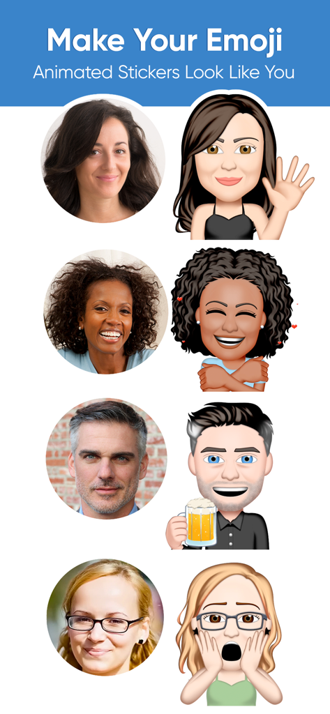 Emoji Me Sticker Maker - Real people next to their custom animated stickers created with the Emoji Me app