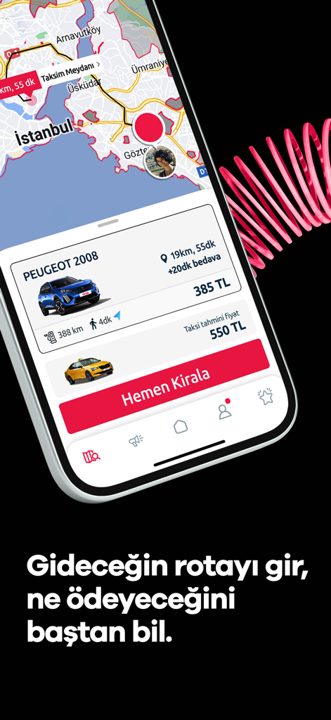 TikTak mobile app screen showing a car rental price comparison against taxi fares with an Istanbul route map