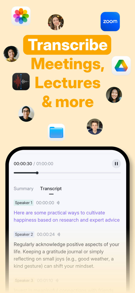 AI Notes Voice to Text, Renote - Interfaz de la aplicación Renote que muestra la transcripción de IA de una reunión con identificación de hablante y marcas de tiempo