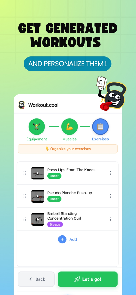 Interface montrant une liste d'exercices générée incluant des pompes et des curls avec des options pour personnaliser l'entraînement
