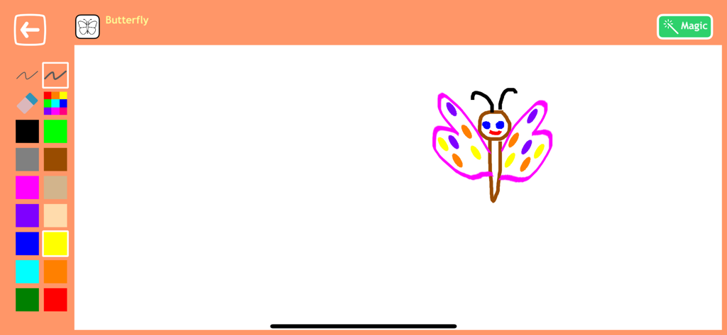 Drawing to Animation for Kids - A child's hand-drawn colorful butterfly on a digital canvas with painting tools and a magic animation button