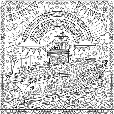 Set sail on a wave of color and celebration with this inspiring aircraft carrier coloring page, beautifully designed to honor Pride Month. Adorned with rainbows, hearts, and messages of unity, it's a perfect canvas to express your creativity and support.
