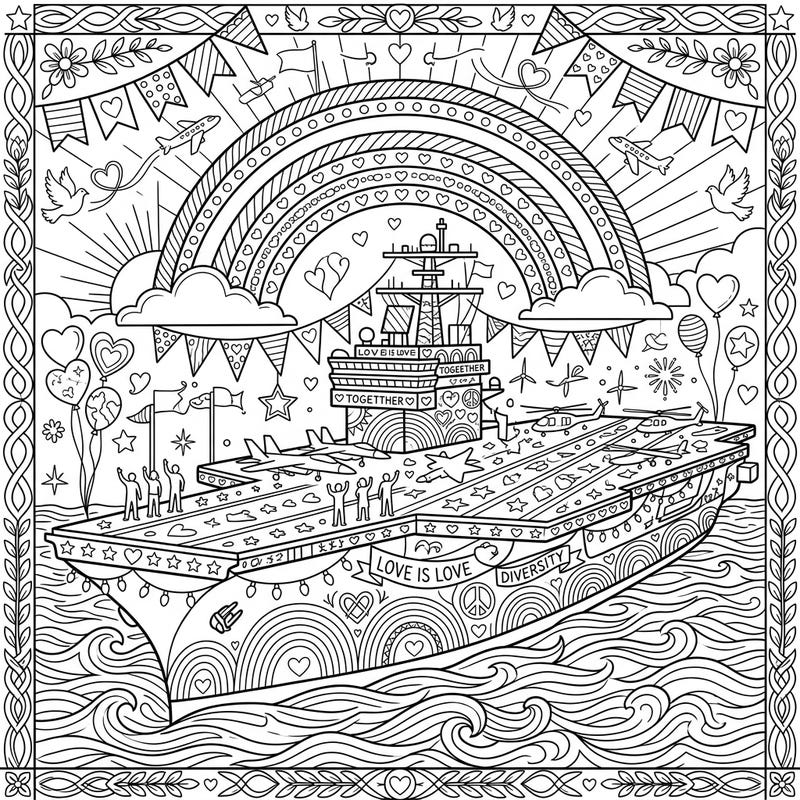 Set sail on a wave of color and celebration with this inspiring aircraft carrier coloring page, beautifully designed to honor Pride Month. Adorned with rainbows, hearts, and messages of unity, it's a perfect canvas to express your creativity and support.